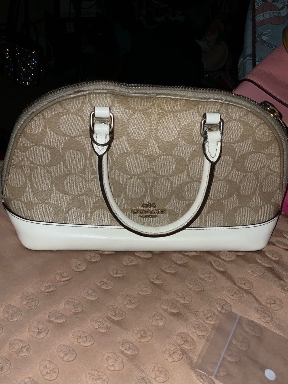 Coach Beige Signature Dome Satchel with White Trim